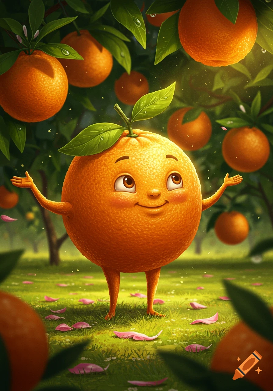 A cheerful anthropomorphic orange character with a leafy stem head stands in a bright, lush orange orchard.
