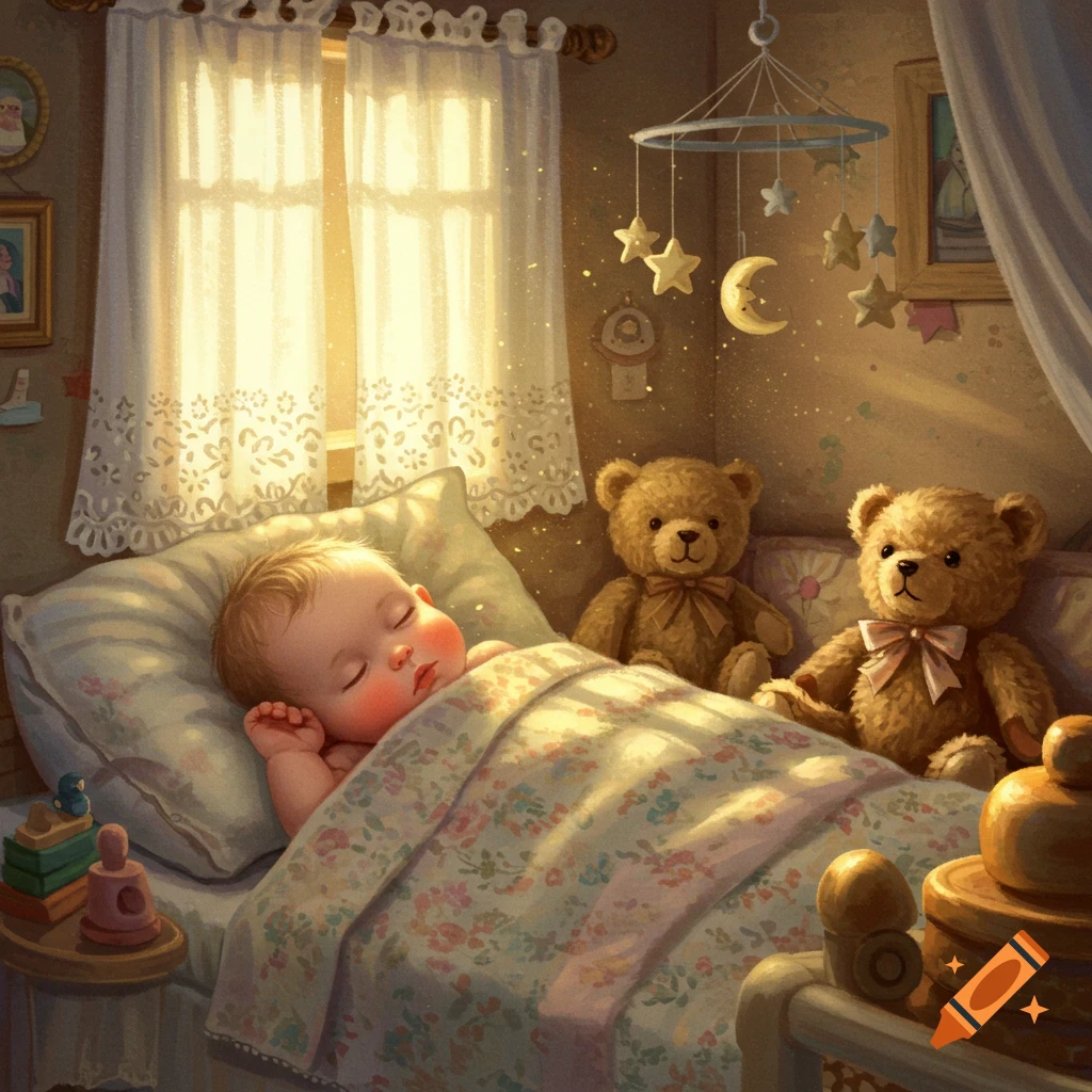 A sleeping baby in a crib with teddy bears in a warm, sunlit nursery, rendered in a soft, illustrative style.