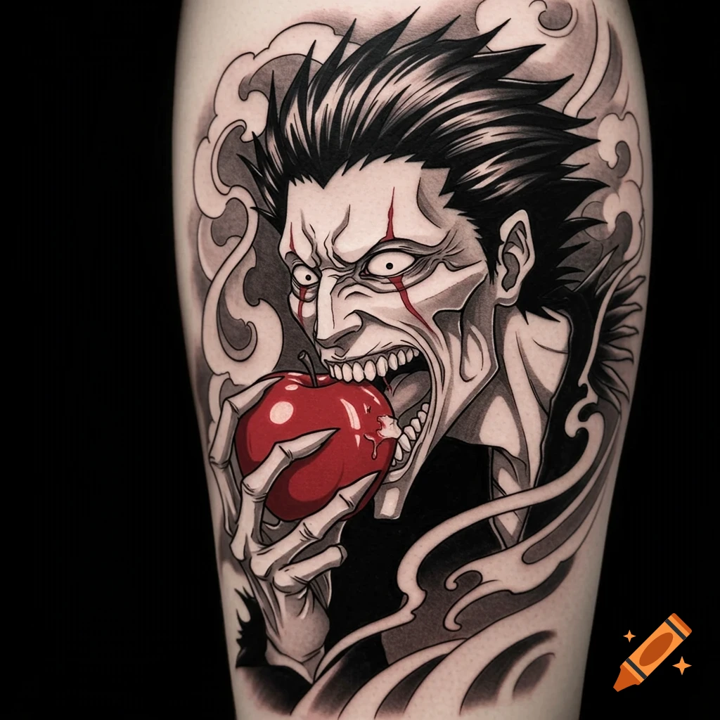 Anime-style tattoo of Ryuk with spiky hair, sharp features, holding and biting into a red apple, surrounded by smoke.