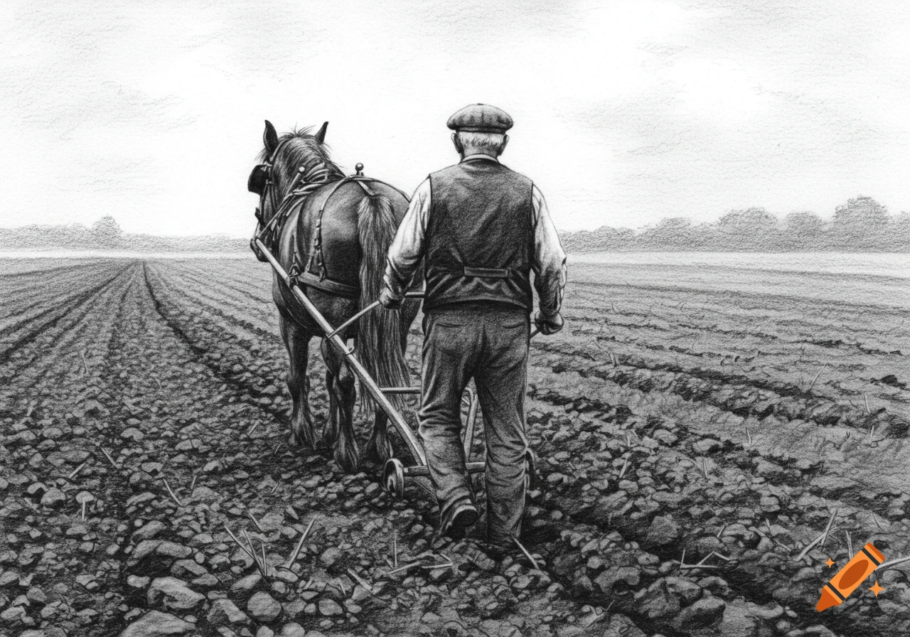 An old man and a horse plow a field, seen from behind in a detailed charcoal pencil drawing.