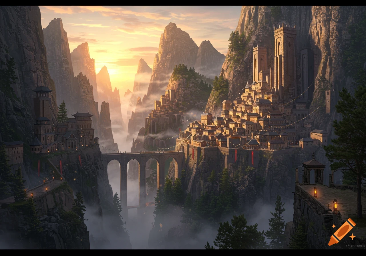 A majestic fantasy fortress city built into towering mountains, connected by a bridge, bathed in golden light with misty valleys.