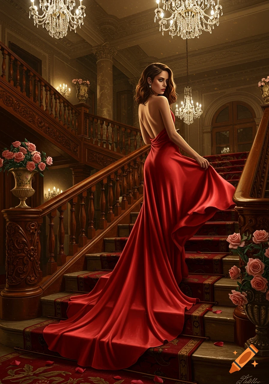 A woman in a flowing red backless gown walks up a grand ornate wooden staircase with a red carpet in a luxurious mansion.