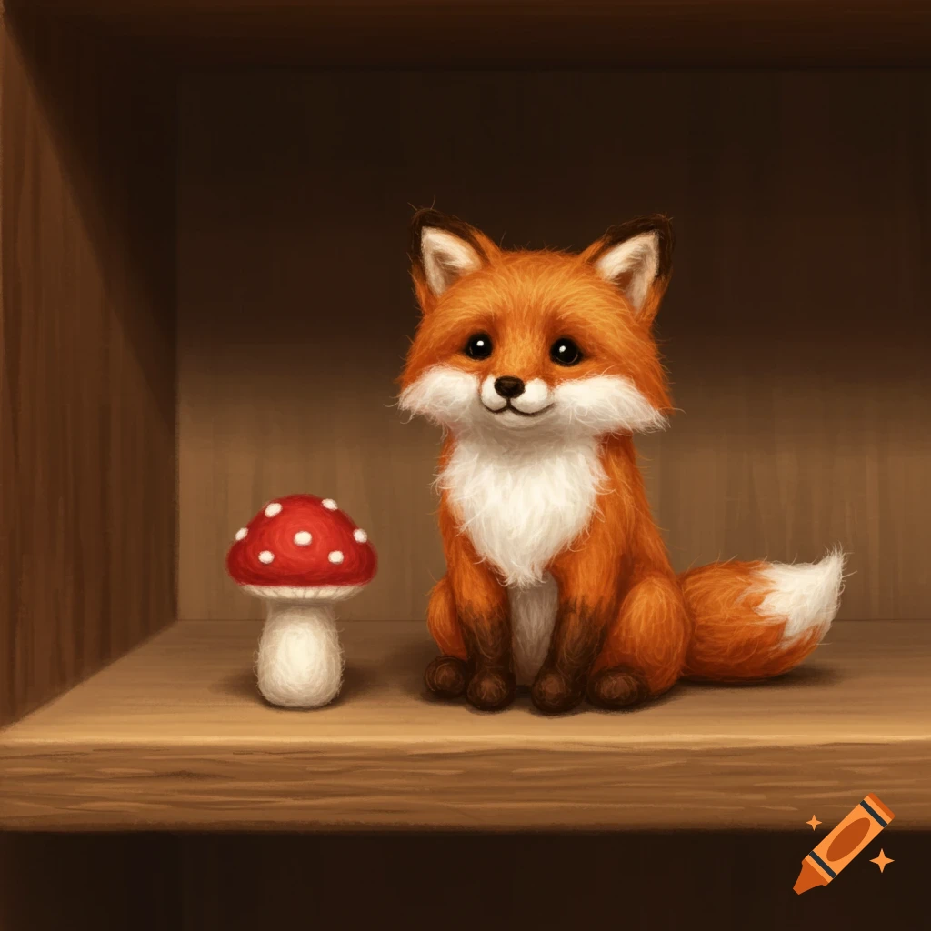 A whimsical needle-felted fox with orange fur and white chest sits on a wooden shelf next to a red and white felted mushroom.