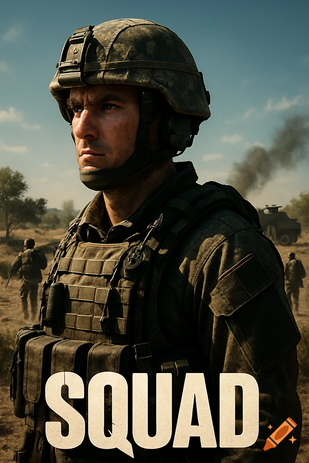 Close-up of a photorealistic soldier in military gear with 'SQUAD' text, on a battlefield with a tank and other soldiers in the background.
