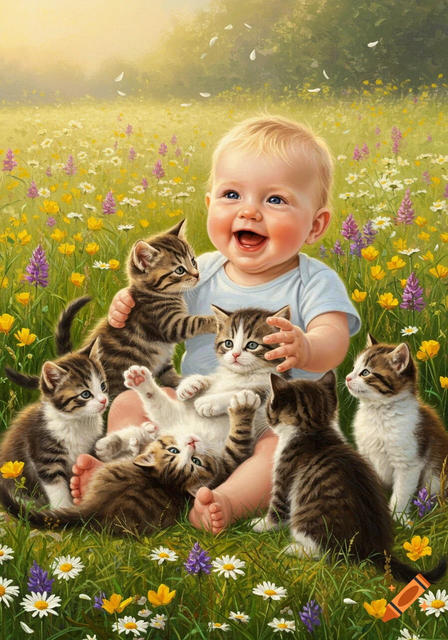 A happy baby laughs while playing with several tabby kittens in a sunlit field of yellow, white, and purple flowers.