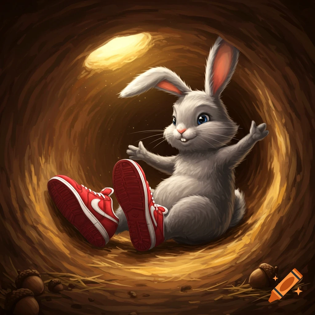 A cute gray rabbit with blue eyes sits inside an earthy burrow, proudly showing off its bright red Nike sneakers. Illustrated.