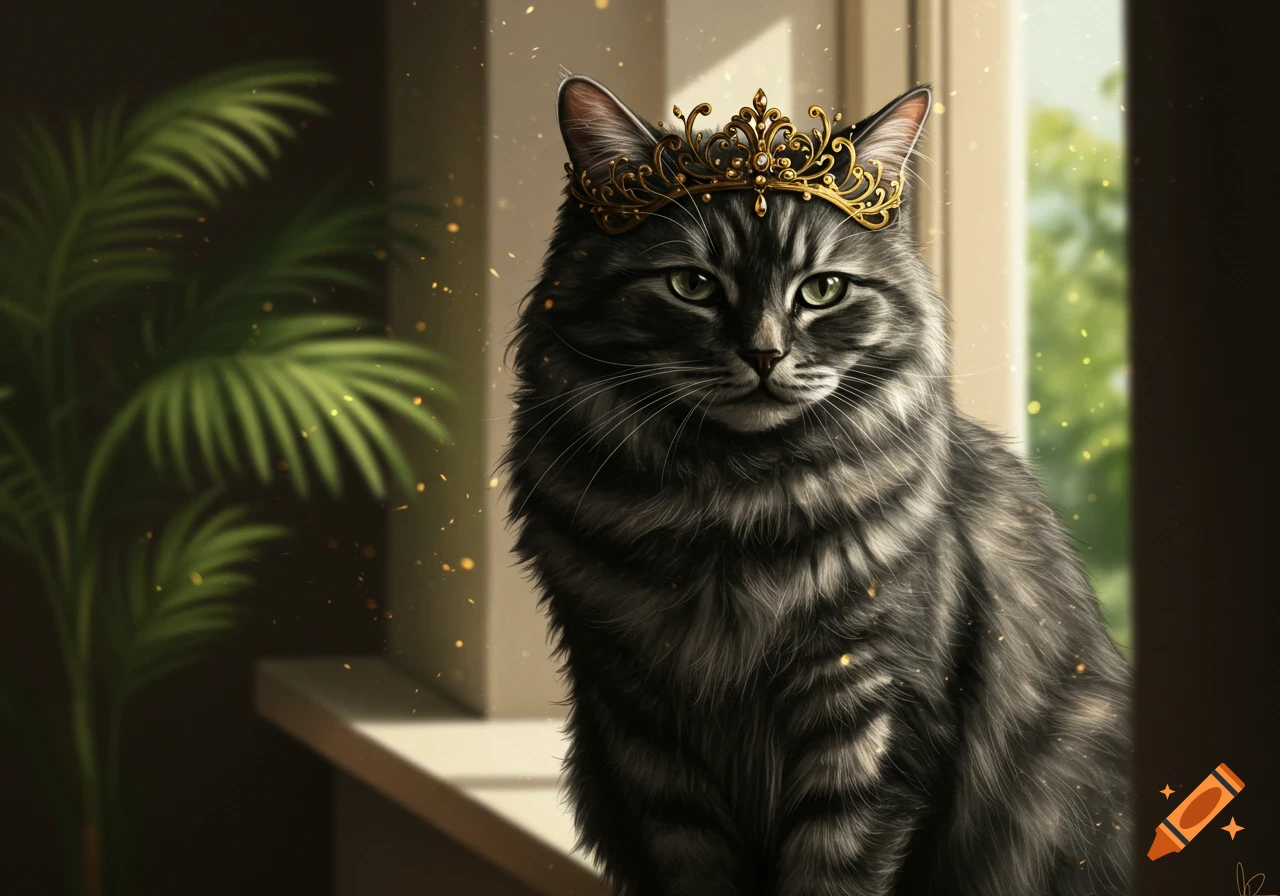A majestic gray tabby cat with green eyes wears a golden crown, sitting by a window with a plant.