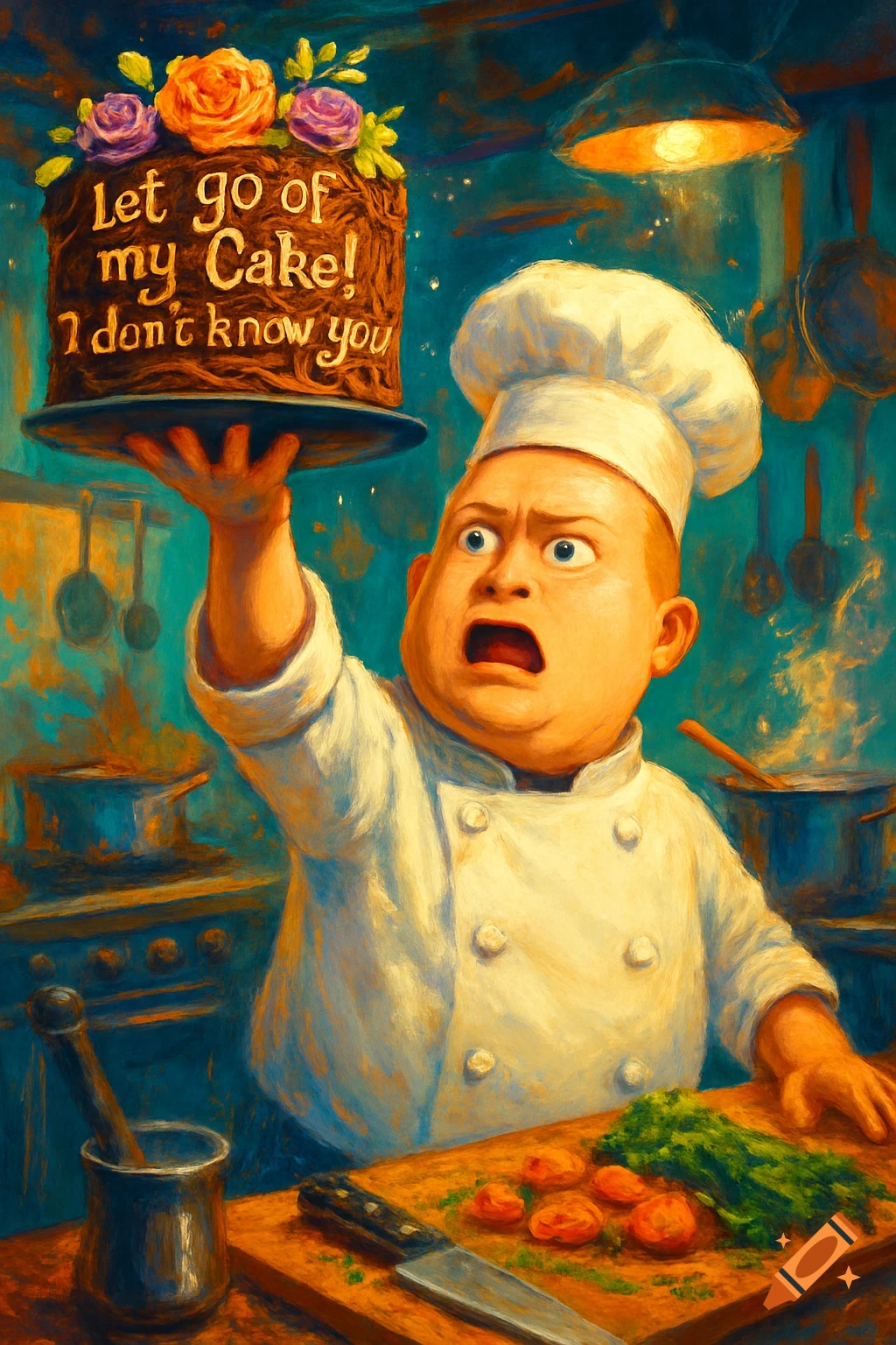 An oil painting of a cartoon chef in a kitchen holding a cake that says "Let go of my Cake! I don't know you".