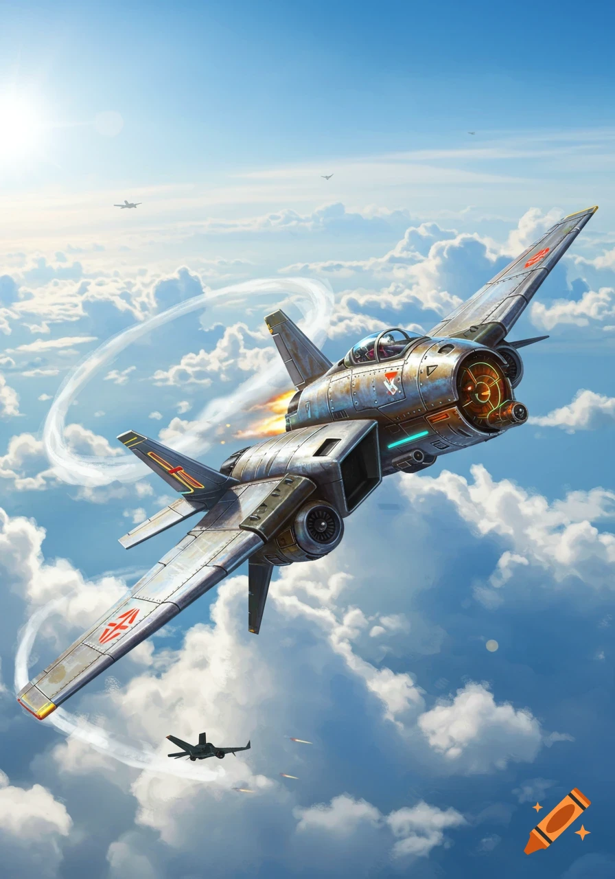 A detailed dieselpunk fighter jet with red insignias and a flaming engine soars through a blue sky with white clouds, other aircraft in distance.