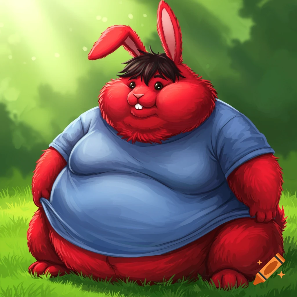 An extremely obese red bunny with black hair and floppy ears, wearing a blue t-shirt, sits on green grass in a bright 2D illustration.