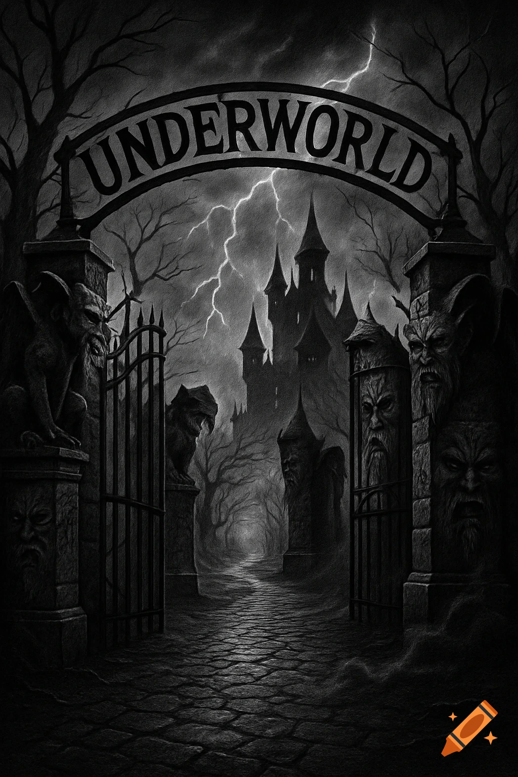 Black and white gothic drawing of a gate with 'UNDERWORLD' sign, gargoyles, leading to a spooky castle under lightning.