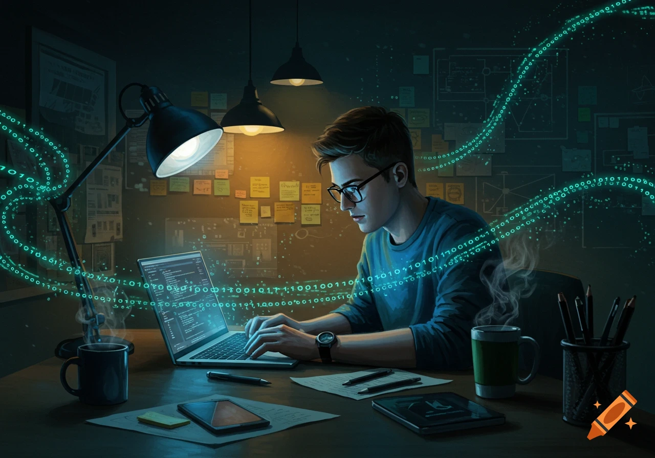 A young man in glasses intently types on a laptop at a desk in a dimly lit room, surrounded by glowing binary code, in a digital illustration style.