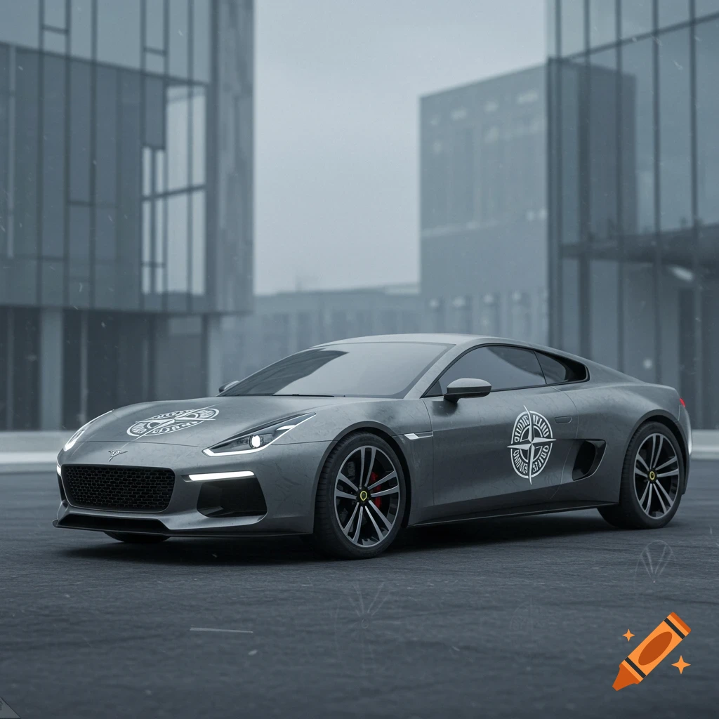 A sleek grey sports car with Stone Island logos on the hood and side, parked on a wet urban street with modern glass buildings.
