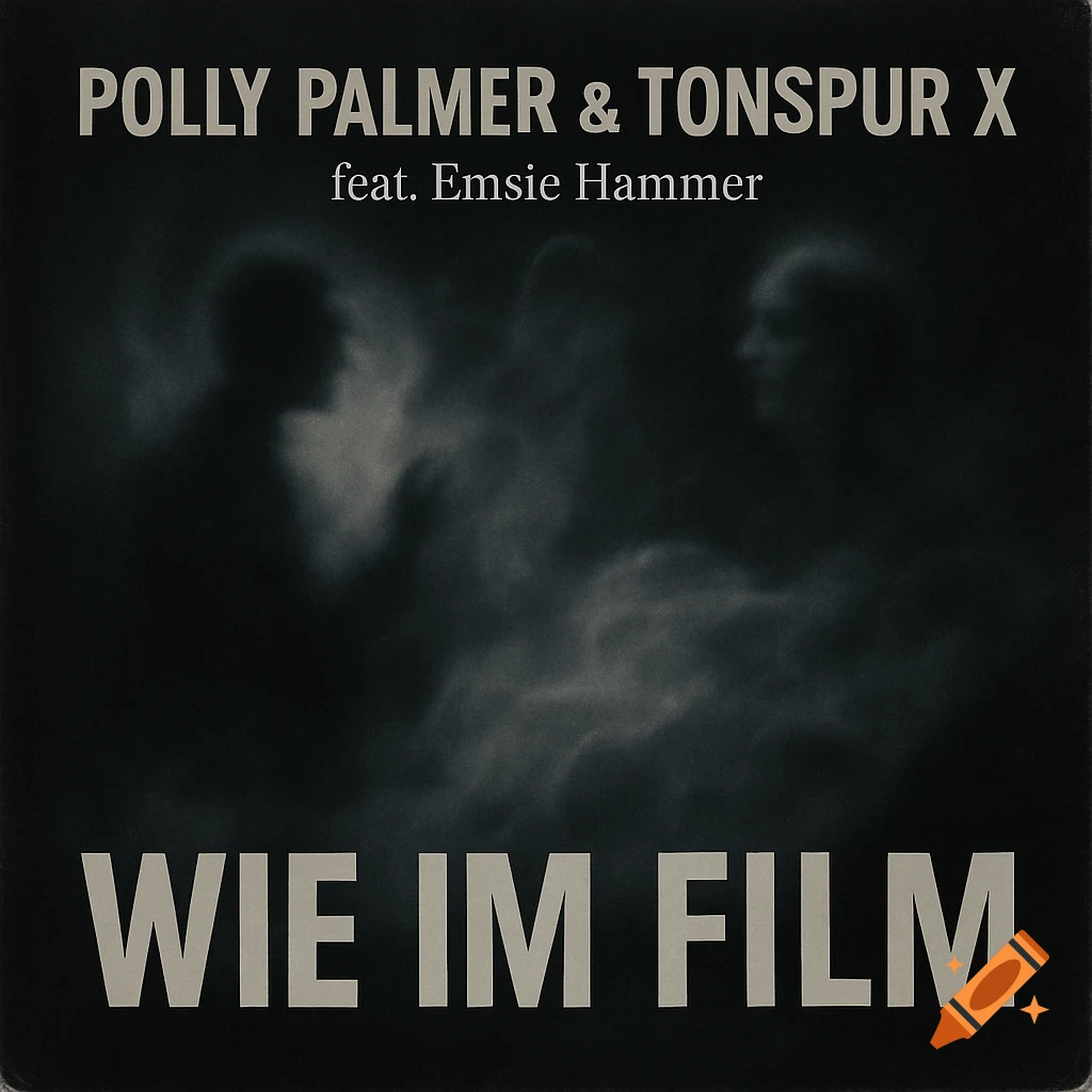 Dark, mysterious album cover with smoky silhouettes of two figures and text: Polly Palmer & Tonspur X, feat. Emsie Hammer, Wie im Film.