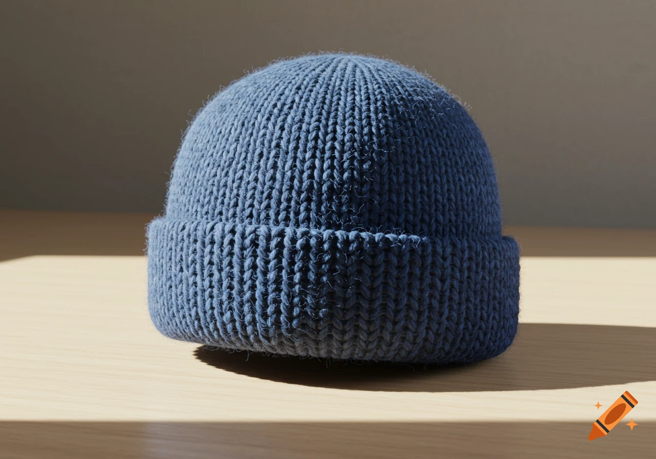 A blue knitted beanie hat with a rolled cuff sits on a light wooden surface in sunlight.