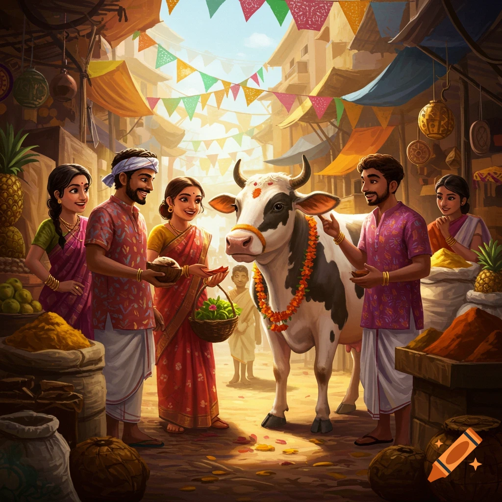 Vibrant illustration of people interacting with a decorated cow in a bustling Indian market street adorned with colorful banners.