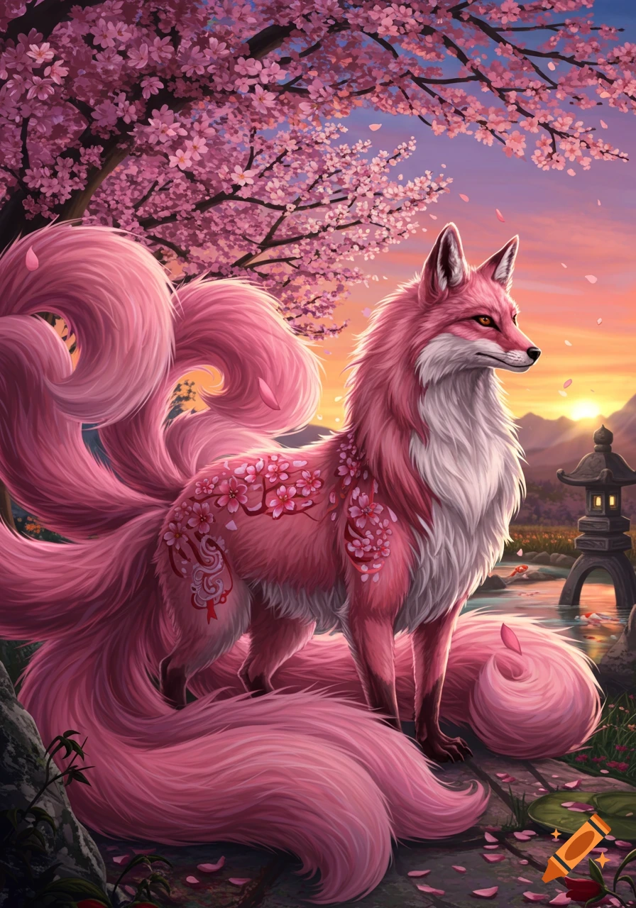 A vibrant pink nine-tailed fox with cherry blossom markings stands under a blossoming tree at sunset, with a Japanese lantern in the background.