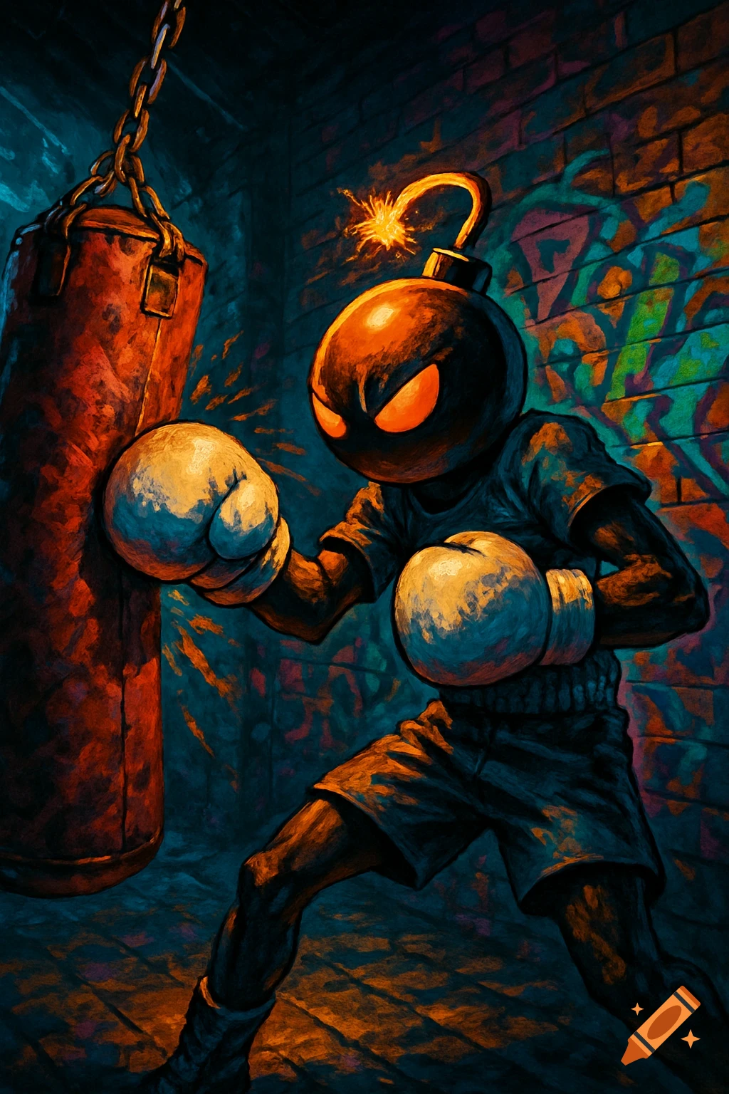 A stylized digital painting of the bomb-headed character Whitty in boxing gloves, punching a red bag in a graffiti-covered alley.