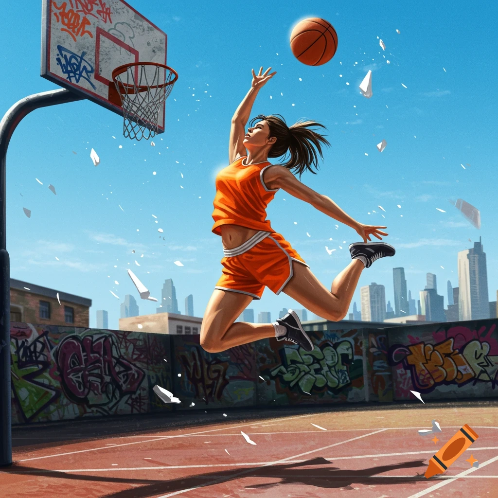 An athletic woman in an orange uniform leaps to dunk a basketball on an urban court with graffiti walls, illustrated in a dynamic, bright style.