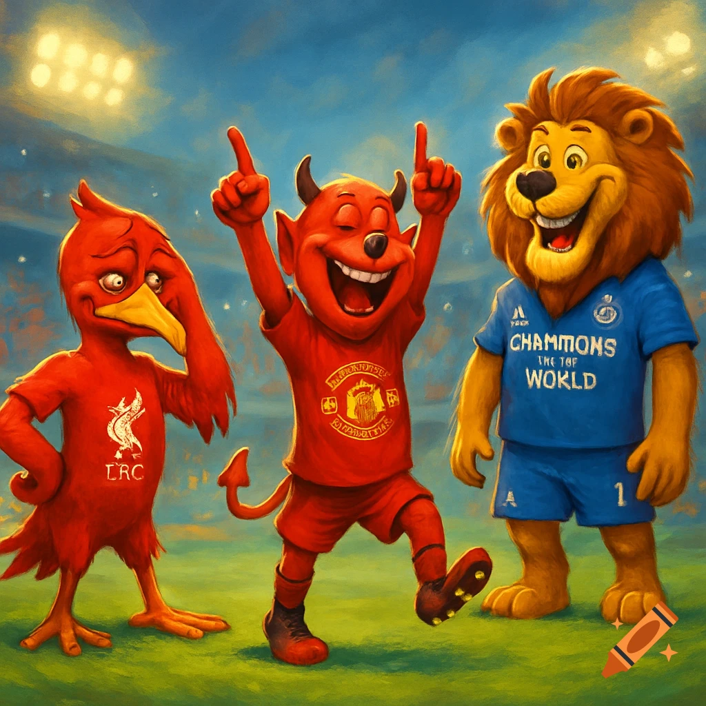 Cartoon mascots: a red devil celebrates over a sad red bird, while a lion smiles behind them on a football field.