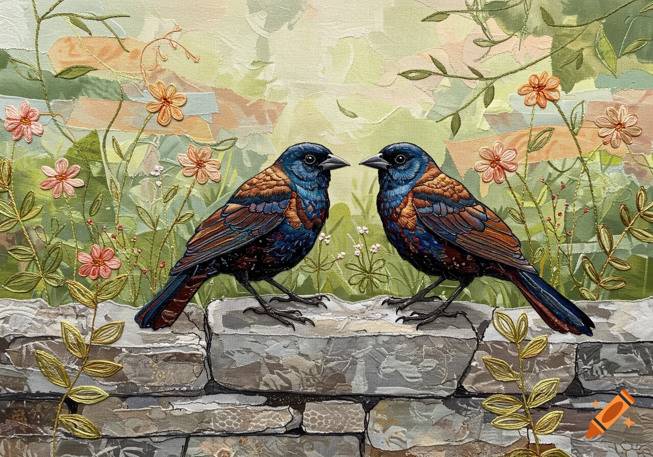 Two bronzed cowbirds sit on a stone wall amidst flowers and foliage in a vibrant fabric collage artwork.