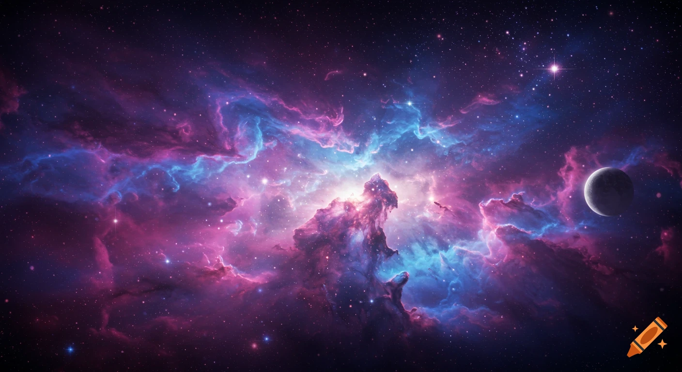 Vibrant galaxy with swirling pink, blue, and purple nebulae, bright stars, and a distant moon.