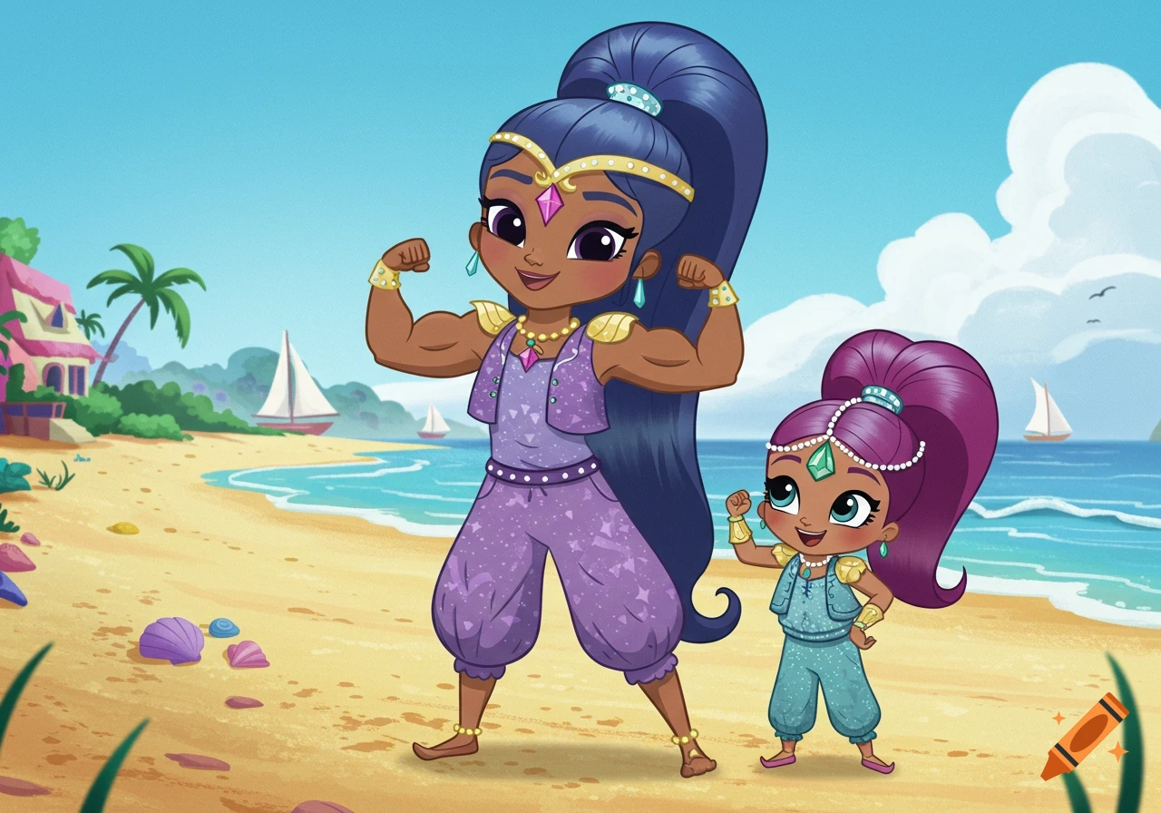 Shimmer's mom and Shimmer, two cartoon genie-like characters, flex their muscular arms on a sandy beach.