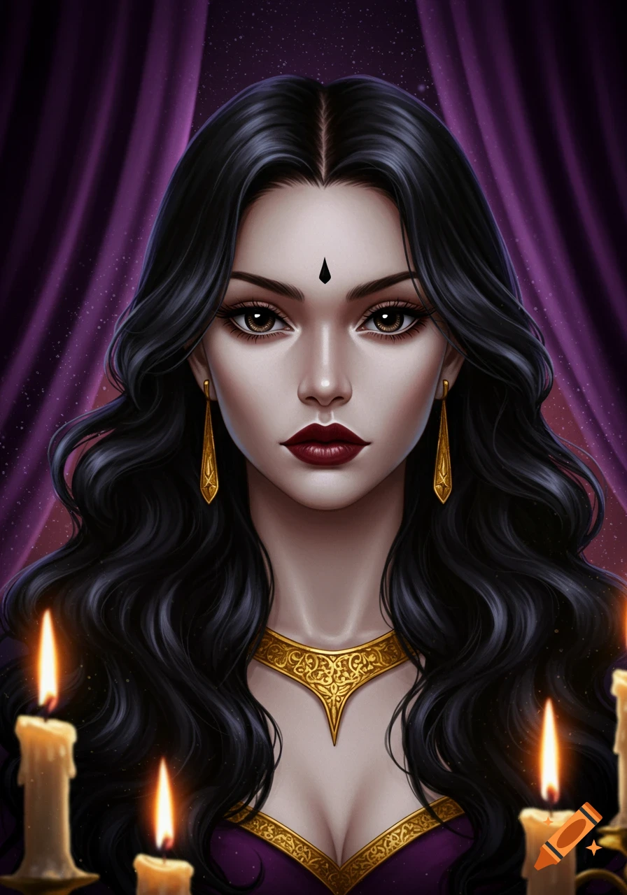 Digital painting of a mystical woman with long black curly hair, dark eyes, gold necklace, and lit candles against a purple background.