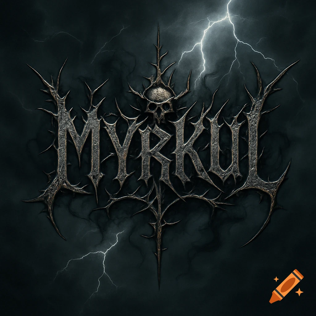A dark, spiky heavy metal logo for 'MYRKUL' featuring a skull, set against a stormy, lightning-filled background.