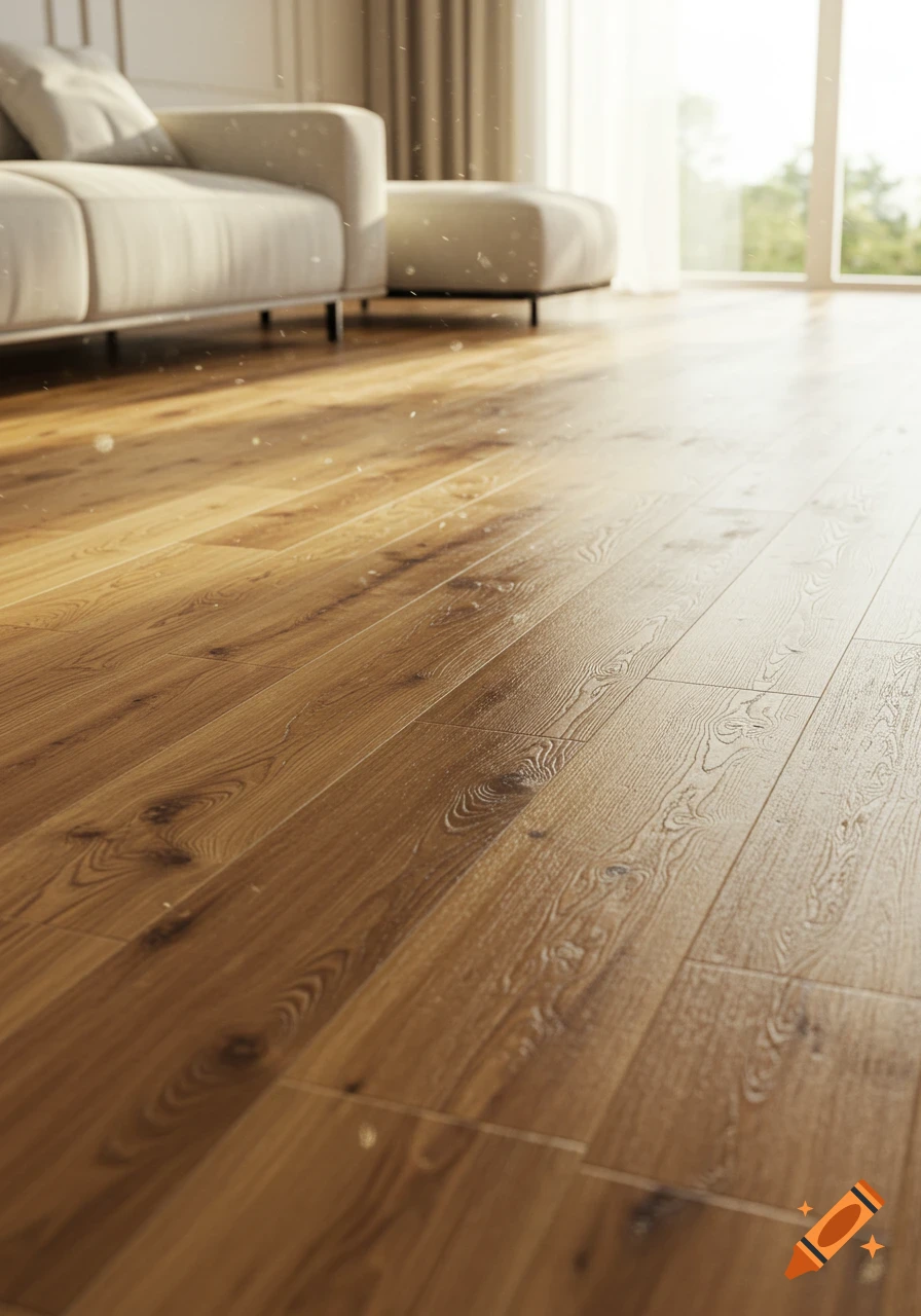 Bright room with natural light illuminating light brown wooden flooring, a cream-colored sofa, and an ottoman.
