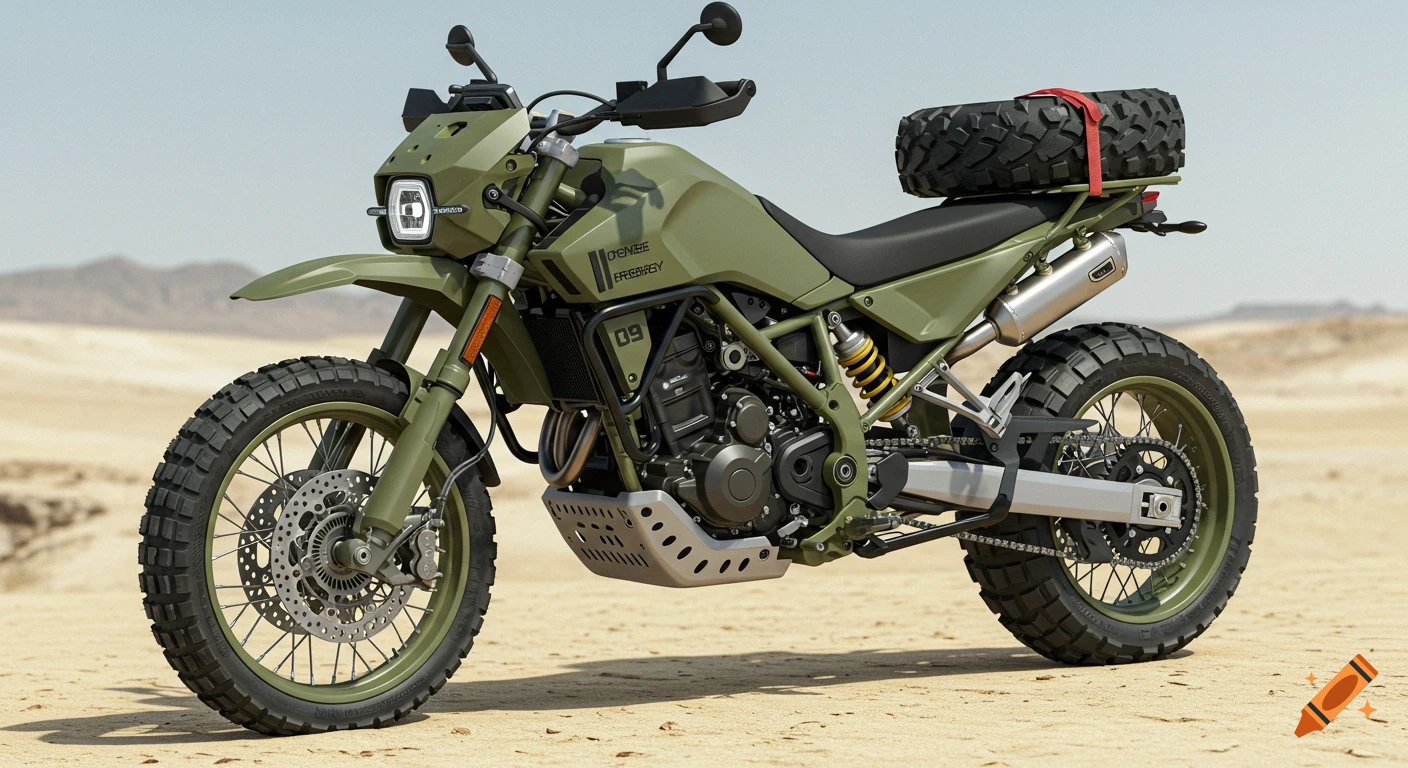 An olive green military-style off-road motorbike with knobby tires and a spare wheel mounted vertically on the rear rack, parked in a sandy desert.