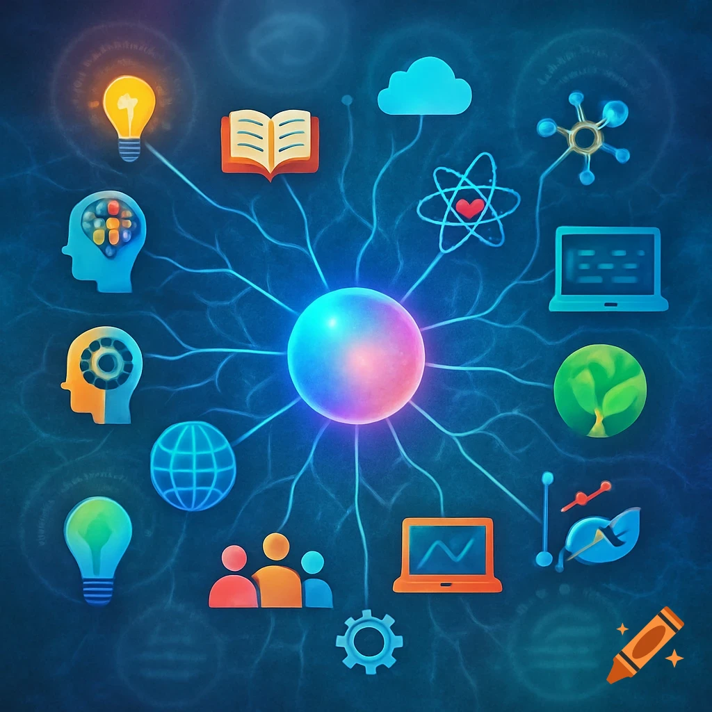A glowing central orb connects via blue lines to surrounding colorful icons representing ideas, learning, technology, nature, and community.