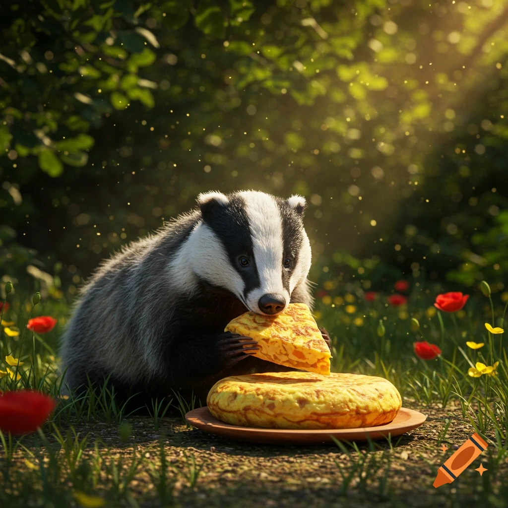 A photorealistic Eurasian badger eats a slice of Spanish tortilla from a wooden plate on a sunny forest floor with red and yellow flowers.