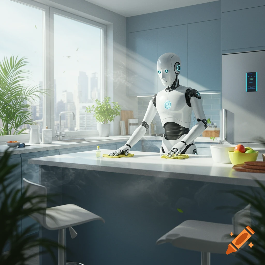 A photorealistic robot cleans a modern kitchen counter with yellow cloths, a city view through large windows.