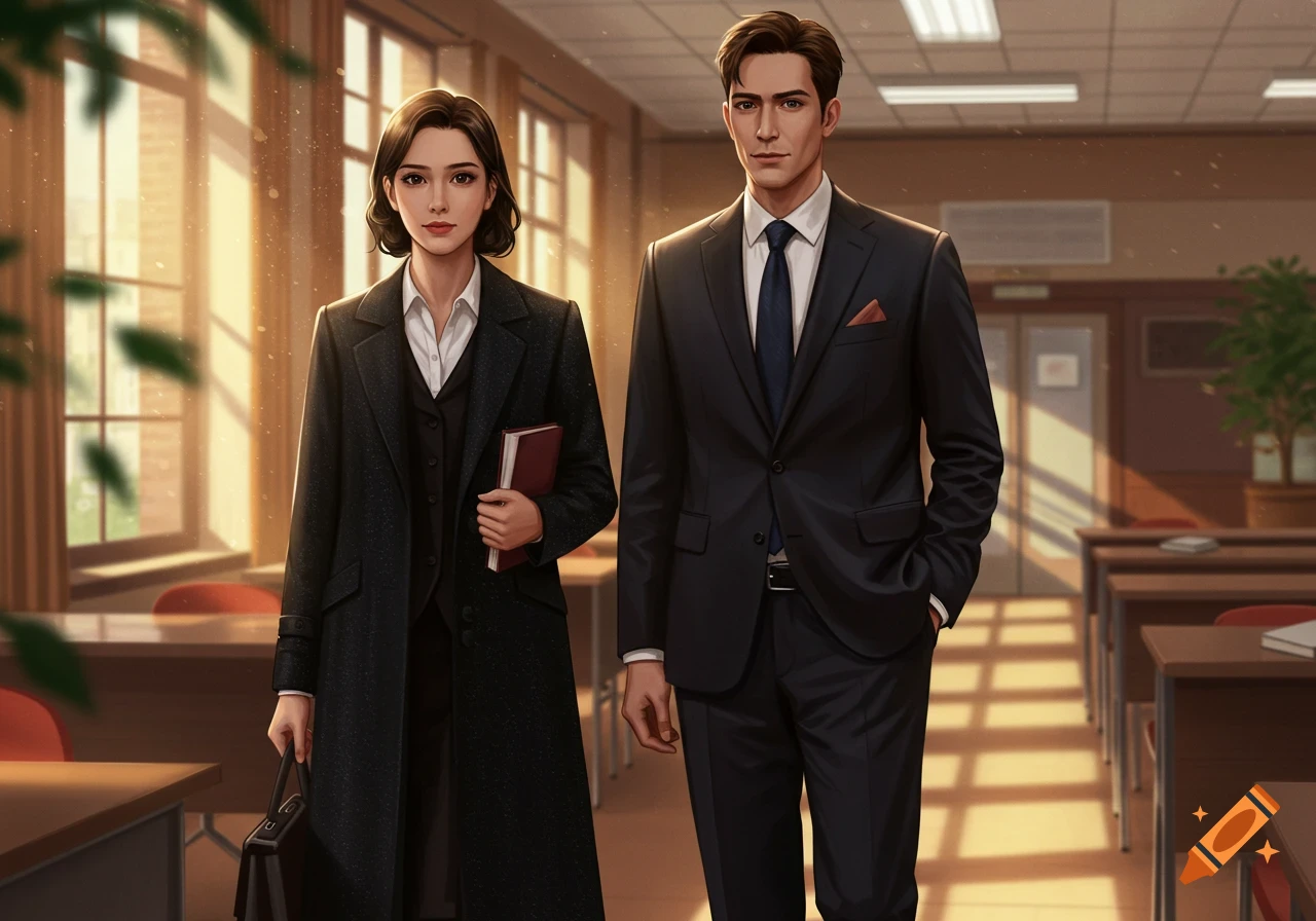 A man and a woman in professional attire stand in a sunlit classroom, rendered in a photorealistic style.