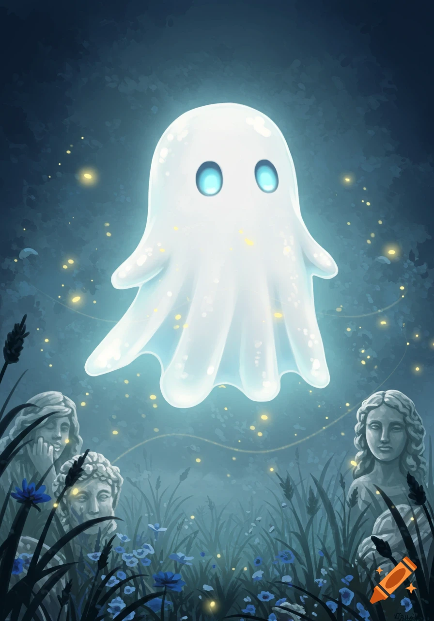 A cute, glowing white ghost with blue eyes floats above a field of blue flowers and stone statues in a dark, mystical setting with fireflies.