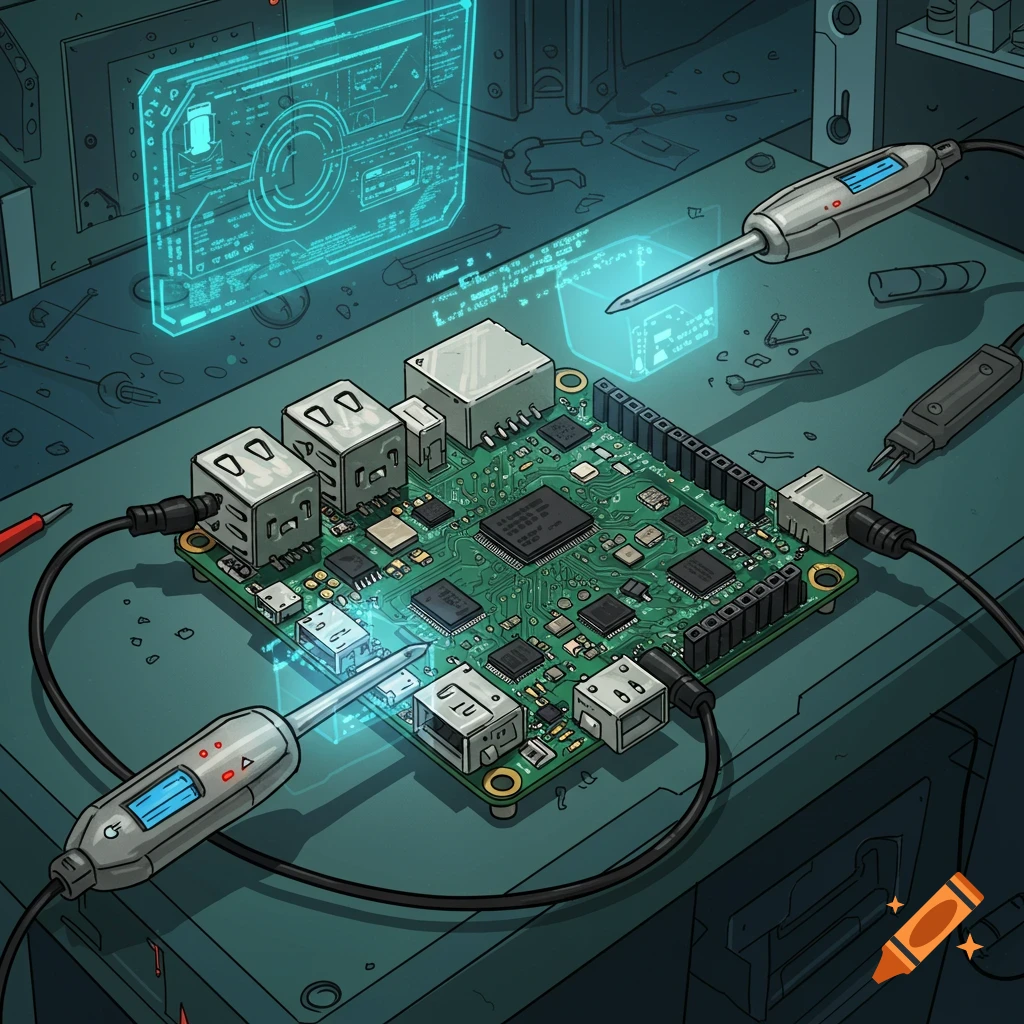 A comic book style illustration of a Raspberry Pi circuit board being tested by two probes, with holographic data screens in the background.