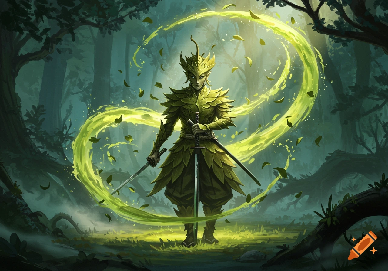 A leaf-armored warrior stands in an enchanted forest, holding two katanas, surrounded by swirling glowing leaves. Digital fantasy art.