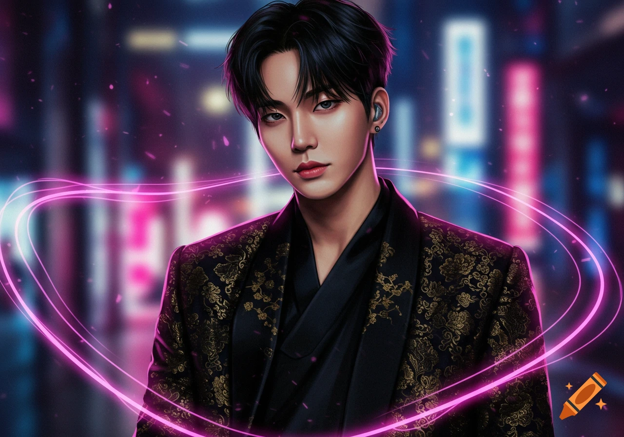 Digital art portrait of a handsome Korean man in a black and gold jacket, with glowing pink lines, against a blurred neon city background.