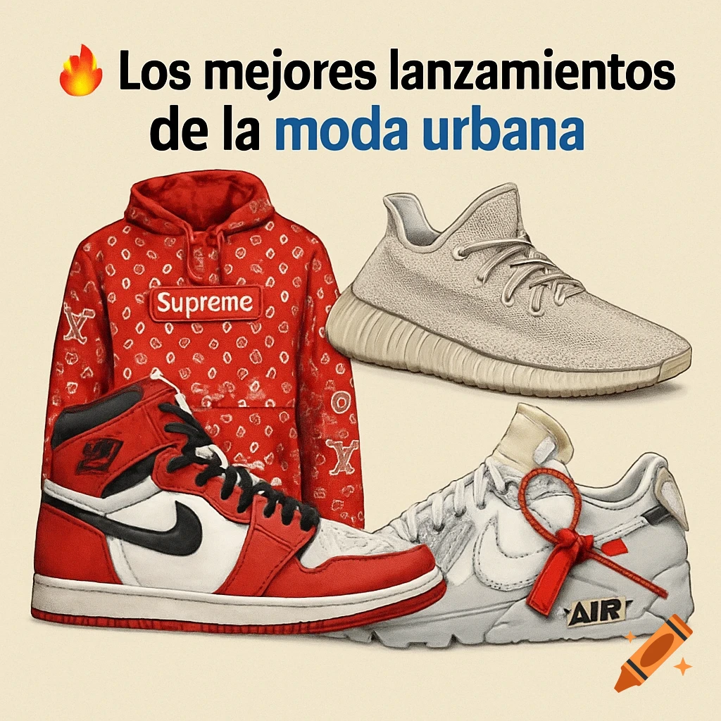 Illustration of a red Supreme hoodie, beige Yeezy sneakers, red/white Air Jordans, and white Nike Off-White sneakers.