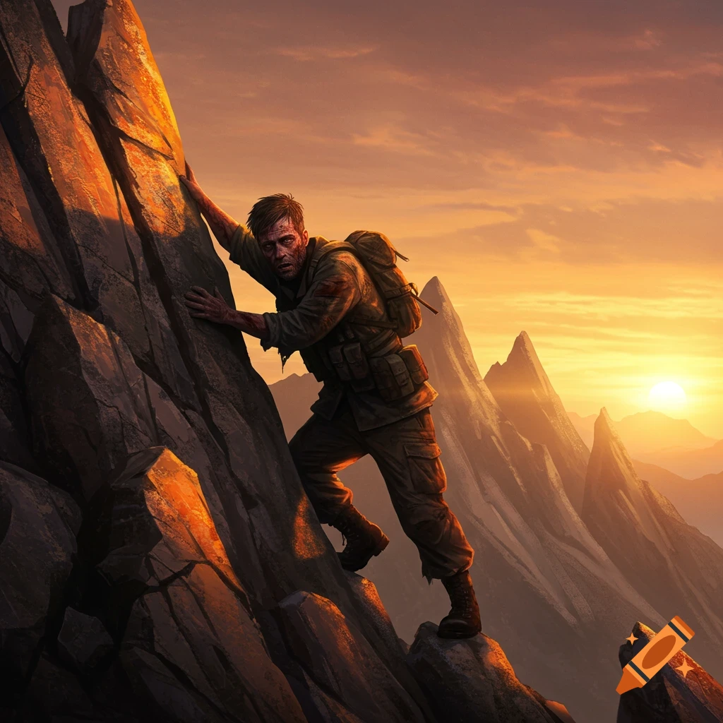 Wounded soldier in military uniform with a backpack, climbing a rocky mountain at sunset.
