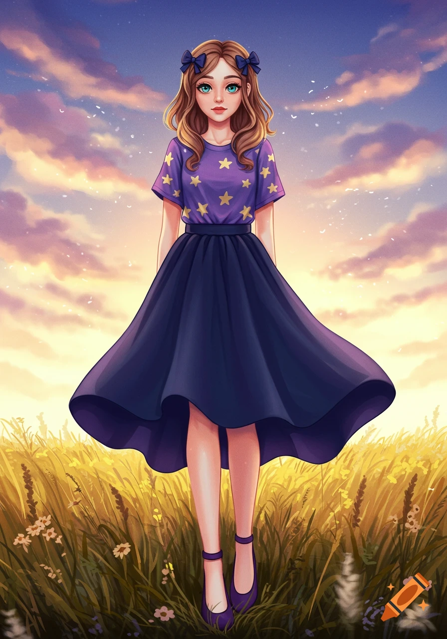 Illustrated girl in a purple star t-shirt and navy skirt stands in a golden field at sunset under a pastel sky.