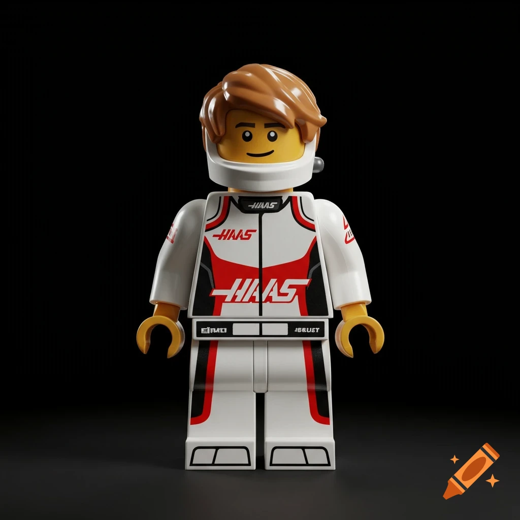 A Lego minifigure with brown hair, wearing a white, red, and black Haas racing suit, standing against a black background.