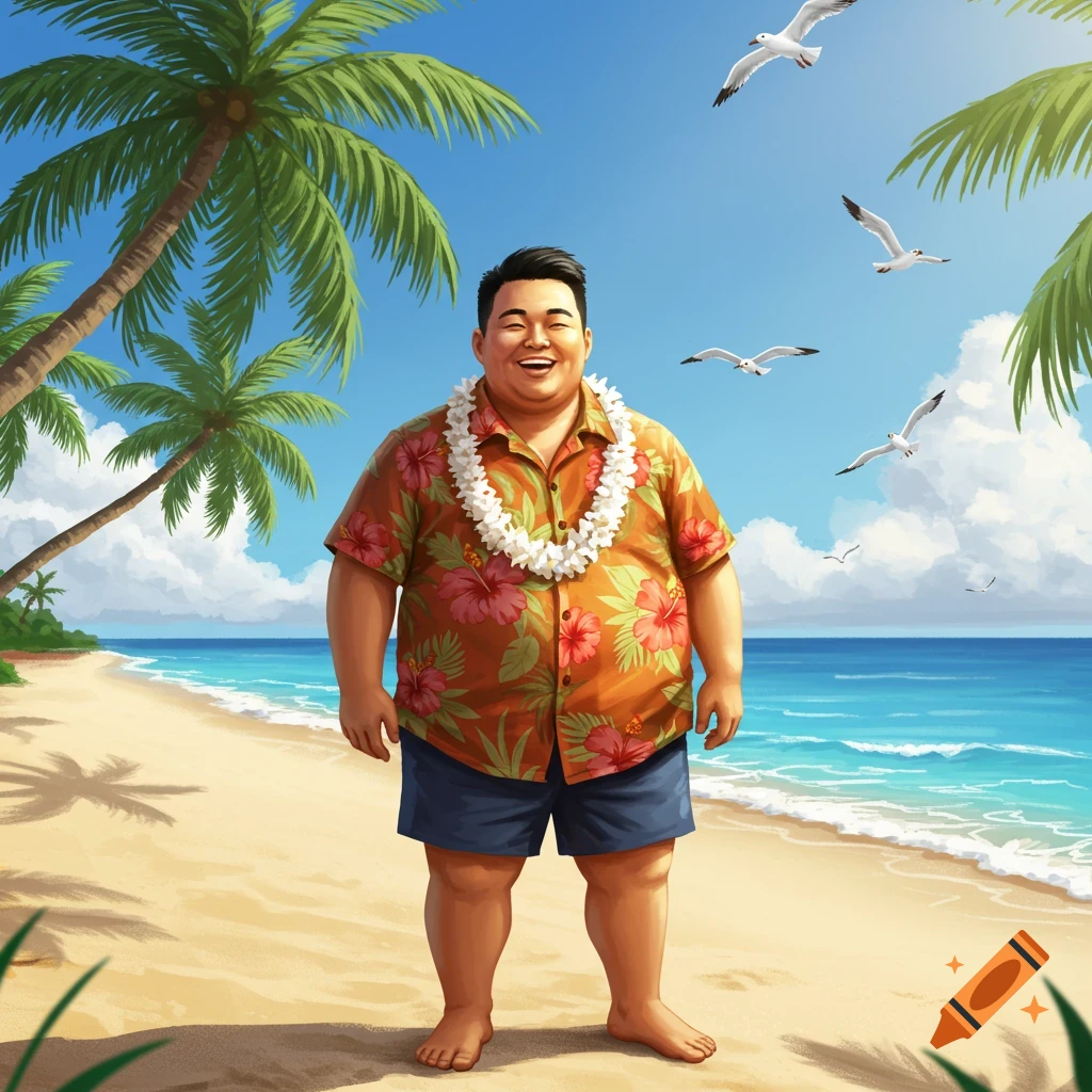 An obese Asian man in a floral shirt and lei stands barefoot on a sunny beach with palm trees and seagulls in a bright illustration style.