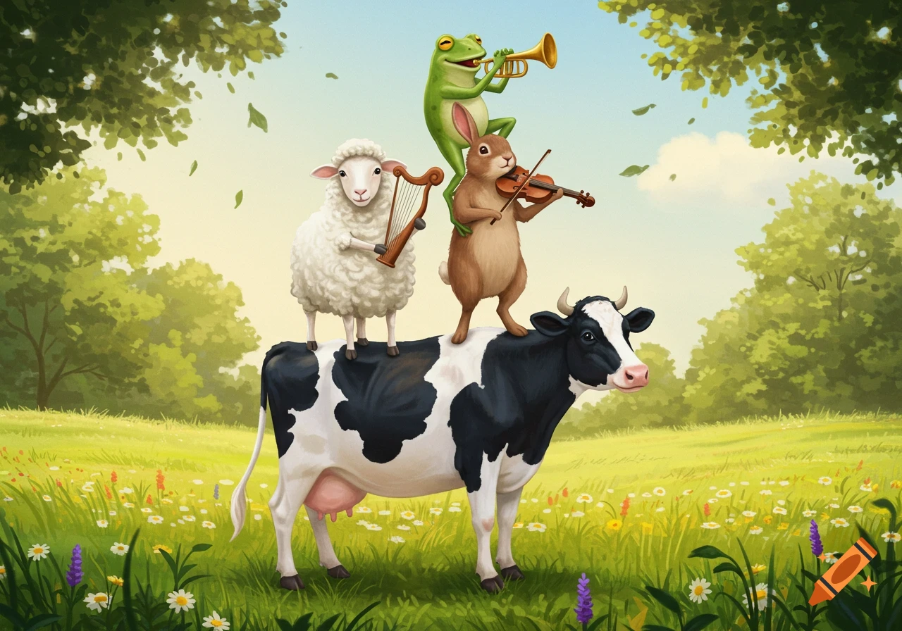 A cow, sheep, rabbit, and frog are stacked on top of each other in a grassy field. Each animal plays a musical instrument.