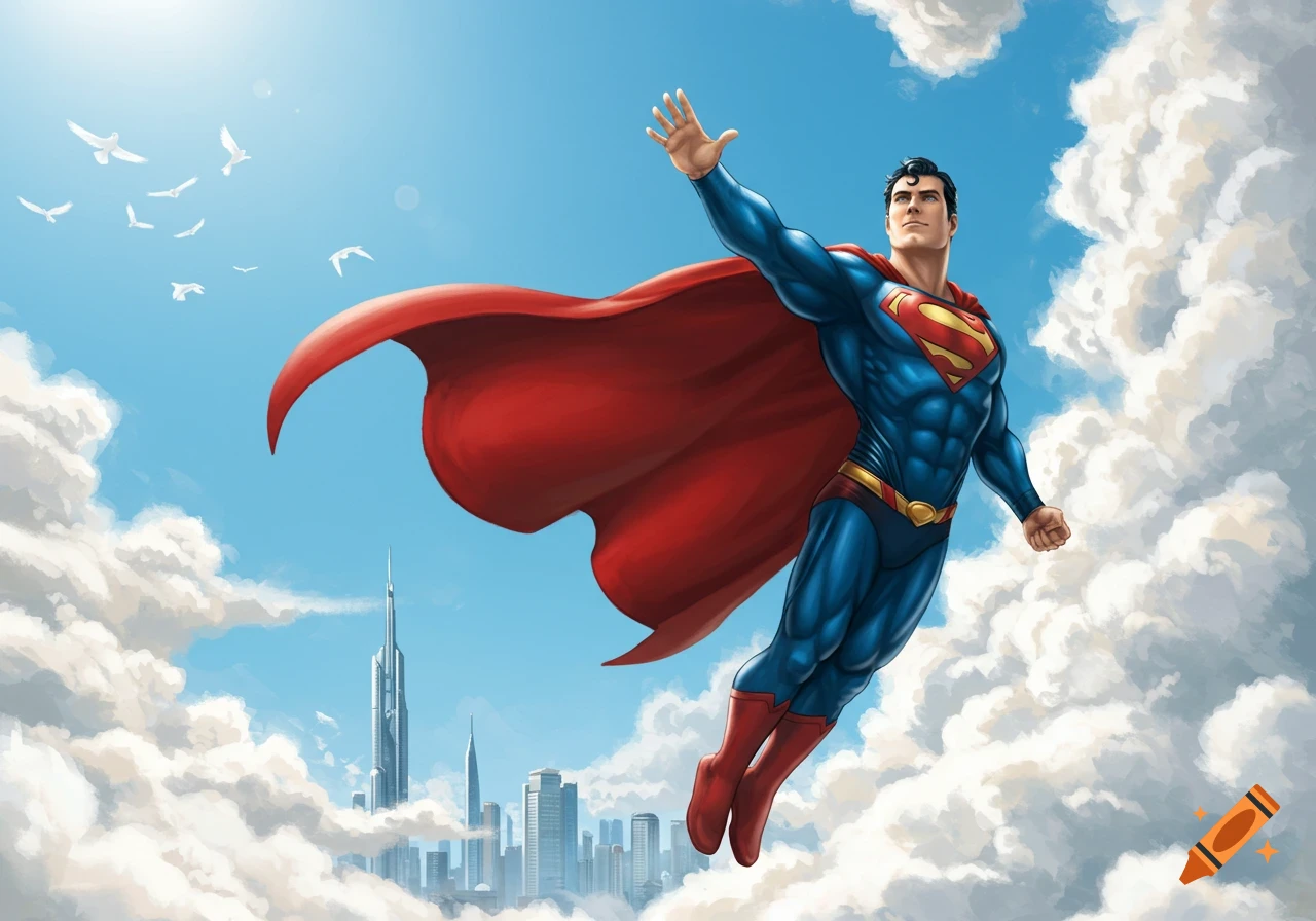 Superman flying across a blue sky with white clouds, a city skyline below, and white birds in the distance, in a comic art style.