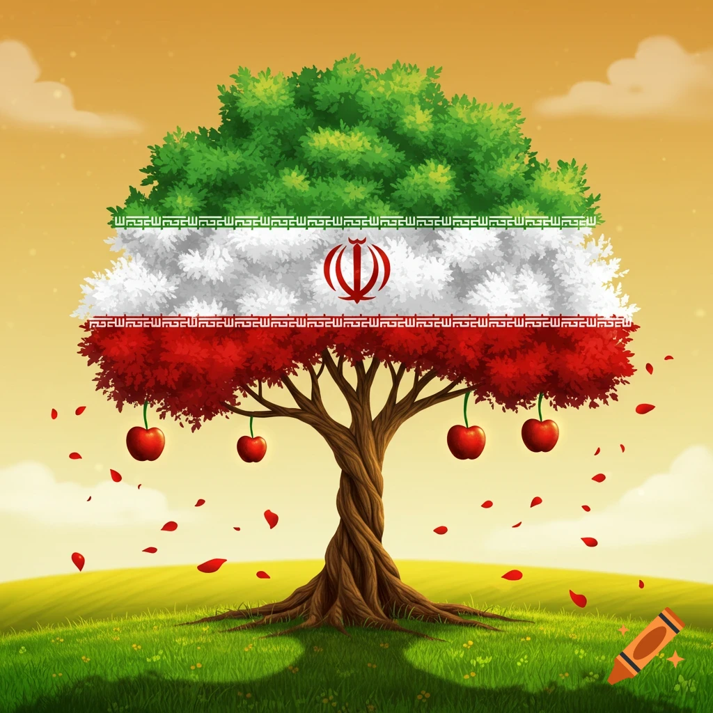A vibrant illustration of a tree resembling the Iranian flag, with red fruits and petals in a sunny, green landscape.