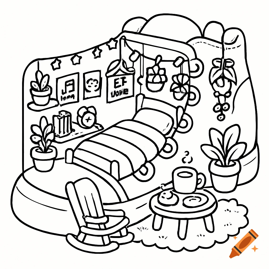 A black and white line art illustration of a cozy bedroom built inside a giant sneaker, with a bed, plants, and a rocking chair.