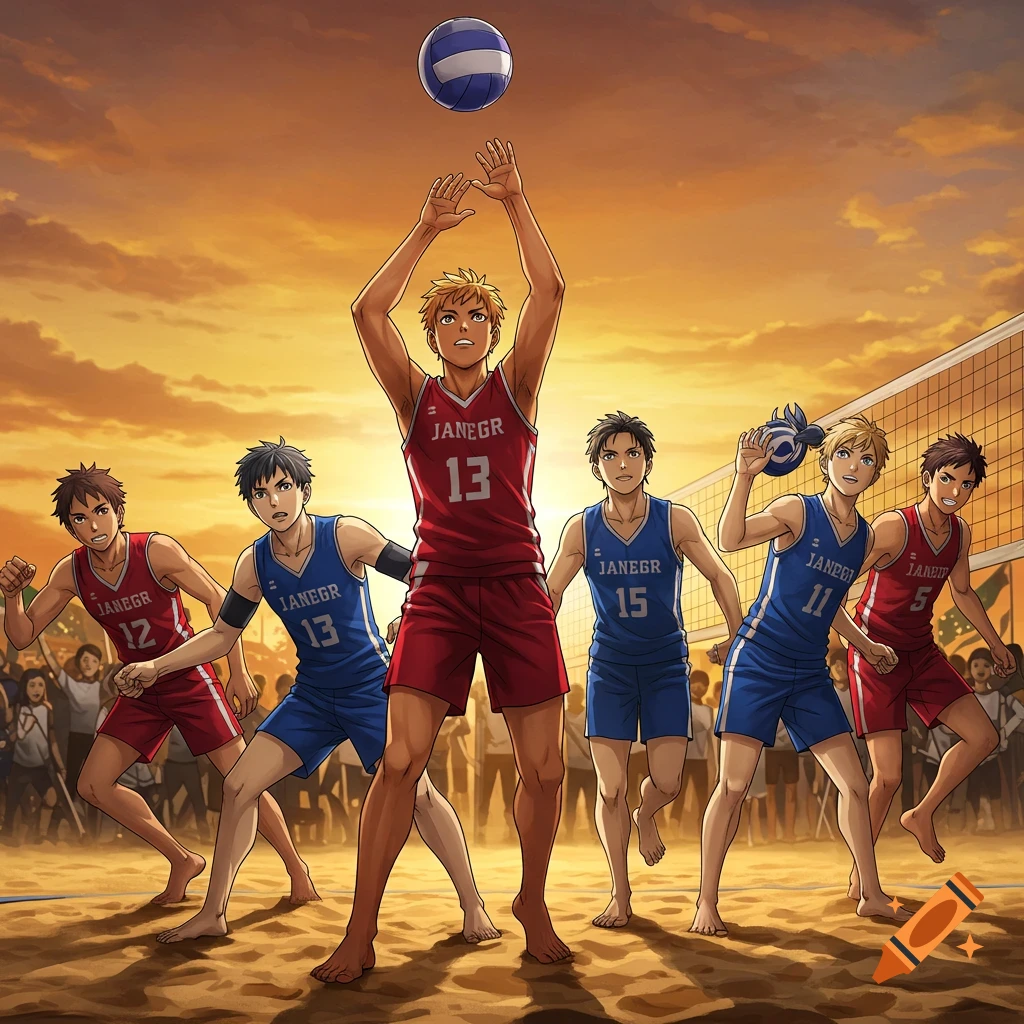 Anime male volleyball team plays on a beach court at sunset with a crowd watching.