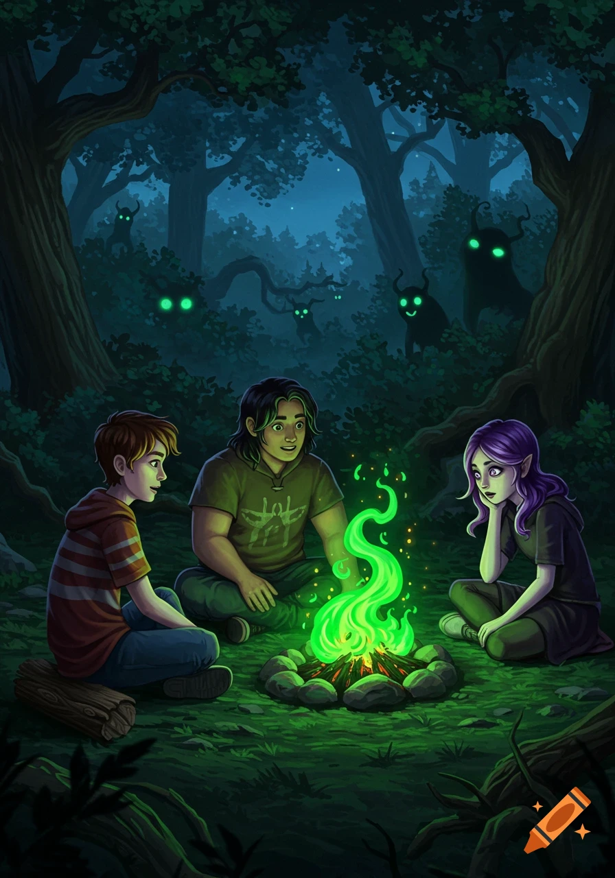 Three children sit around a glowing green campfire in a dark forest, watched by shadowy horned monsters with bright green eyes.